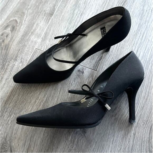 Stuart Weitzman Black Pointed Toe Bow Mary Jane Heels Pumps Size 8 B - Picture 2 of 16
